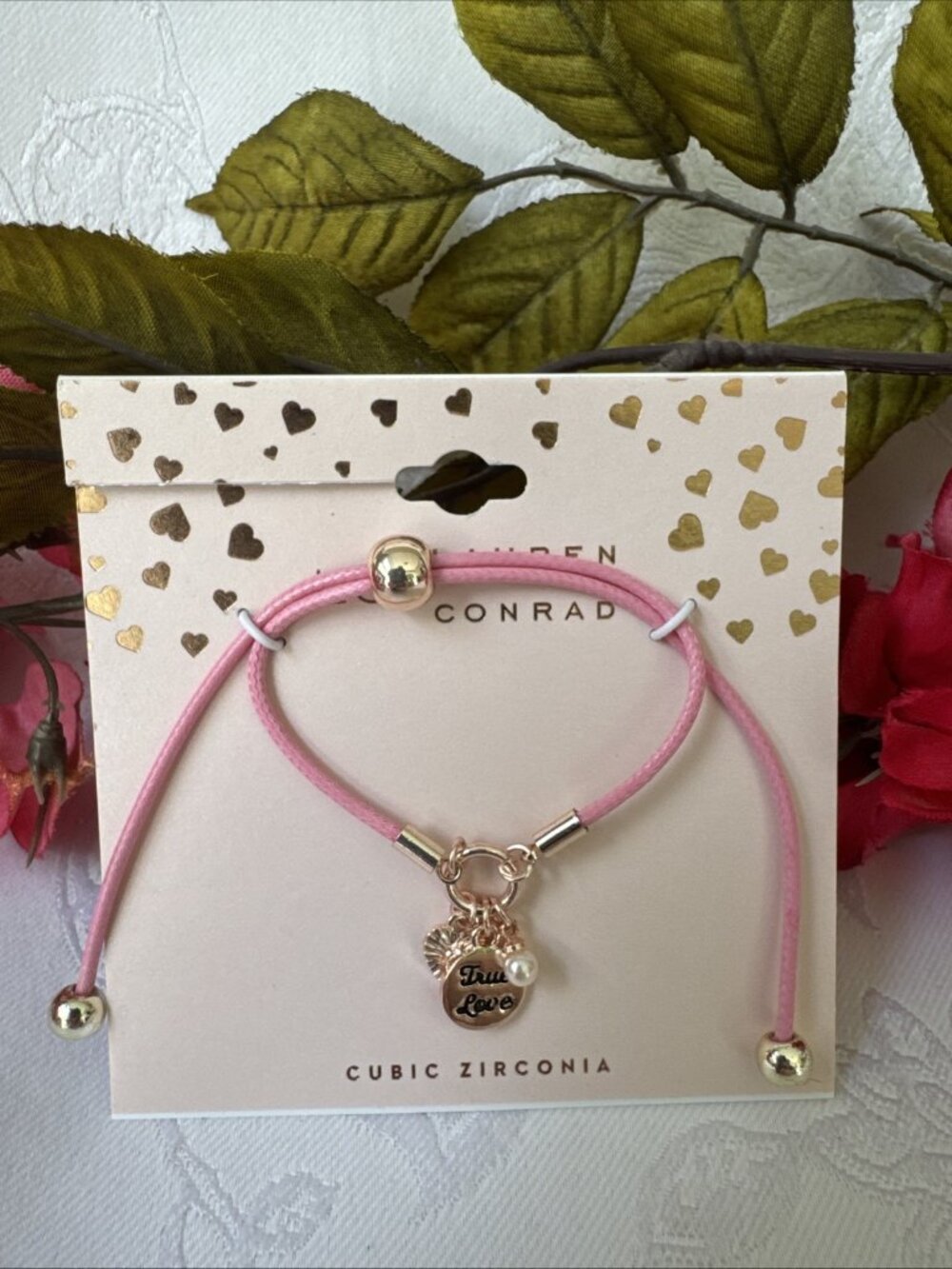 LC Lauren Conrad Thin Goldtone Pink Pearl True Love Charm Slide Bracelet NEW